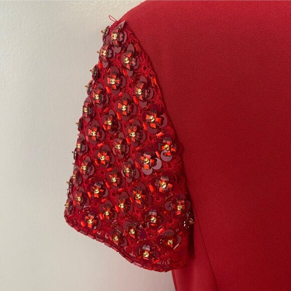 Escada Red Holiday Sheath Dress Beaded Sleeves - Picture 3 of 14